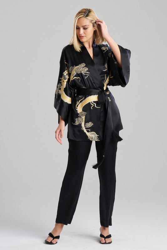 Buy Couture Lucky Dragon Embroidered Silk Wrap in Black Online Black