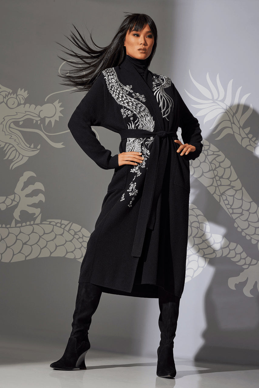 Buy Cashmere Embroidered Dragon Robe in Black Online Black