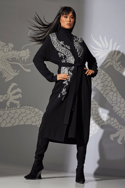 Buy Cashmere Embroidered Dragon Robe in Black Online Black
