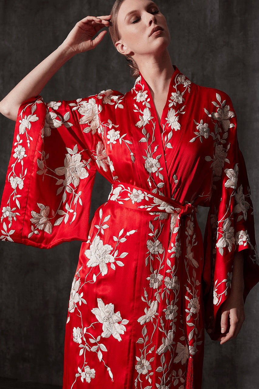 Buy Key Essentials Embroidered Kimono Tassel Silk Robe in Scarlet Online Scarlet