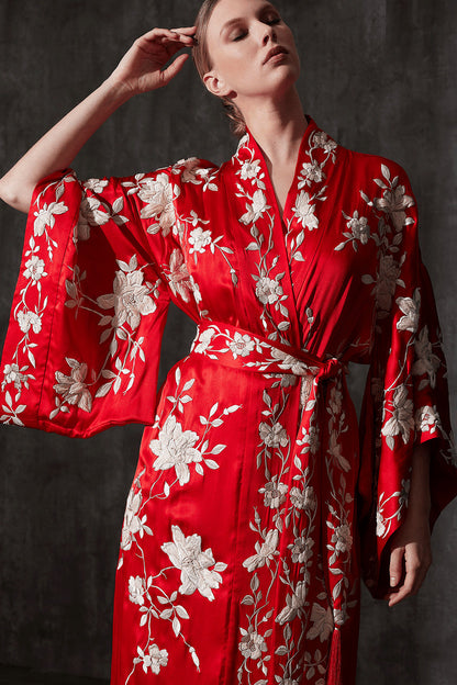 Buy Key Essentials Embroidered Kimono Tassel Silk Robe in Scarlet Online Scarlet