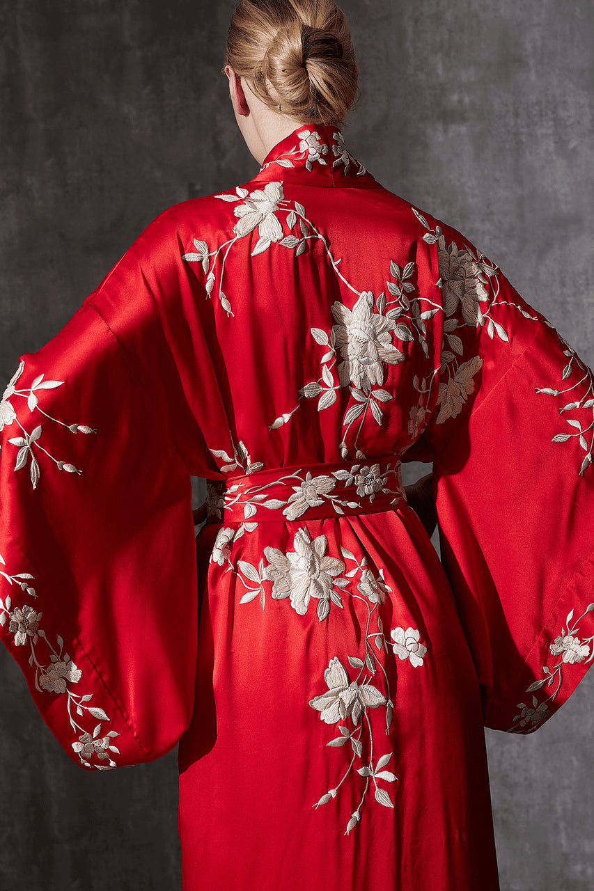 Buy Key Essentials Embroidered Kimono Tassel Silk Robe in Scarlet Online Scarlet