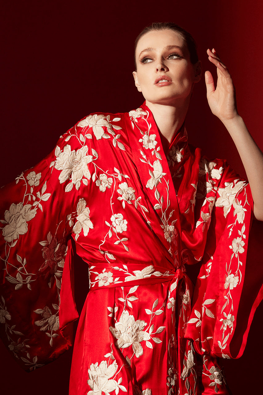 Buy Key Essentials Embroidered Kimono Tassel Silk Robe in Scarlet Online Scarlet