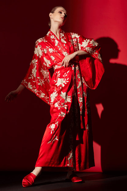 Buy Key Essentials Embroidered Kimono Tassel Silk Robe in Scarlet Online Scarlet