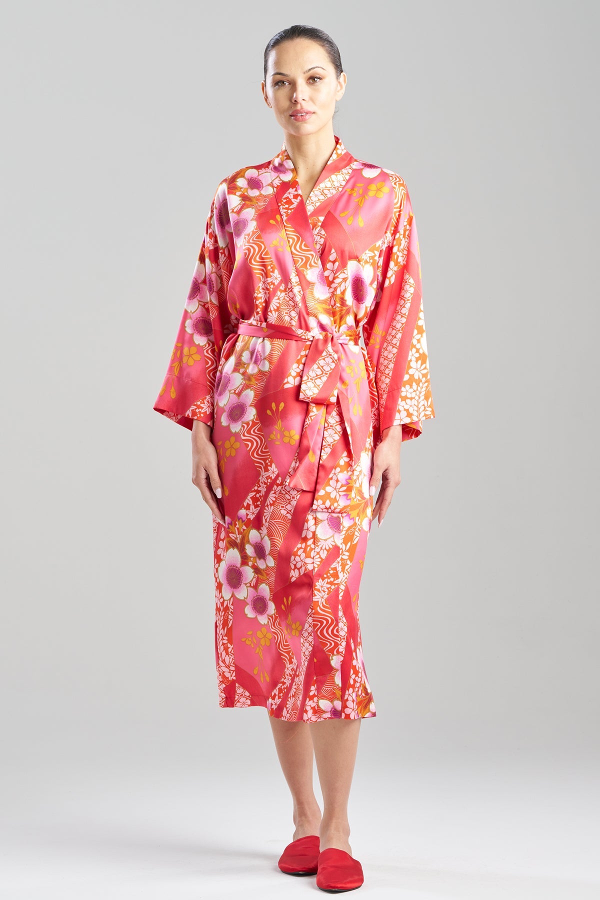 Magnolia Printed Satin Robe Deep Rasberry