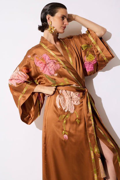 Couture Brushstroke Embroidered Silk Robe Gold Rush