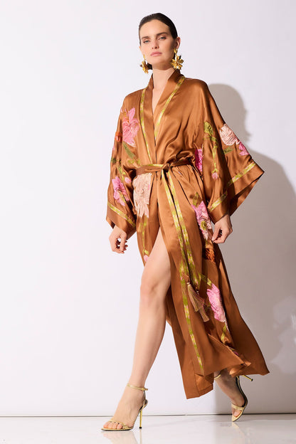 Couture Brushstroke Embroidered Silk Robe Gold Rush