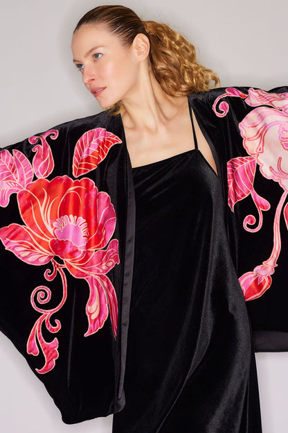 Natalie Velvet Appliqued Cocoon Cardigan Black