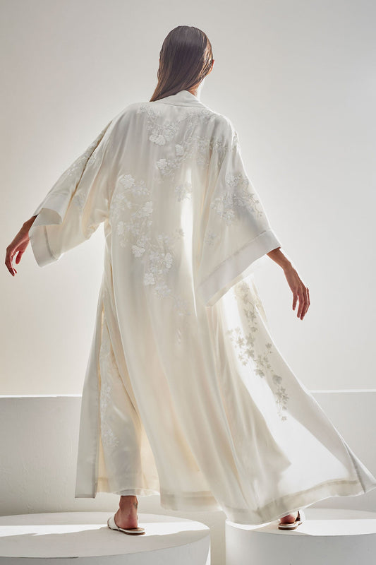 Couture Sakura Embroidered Silk Robe Warm White