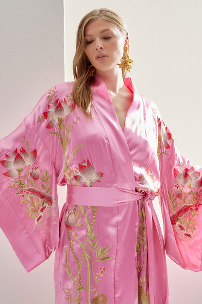 Couture Lotus Embroidered Silk Robe Ice Pink