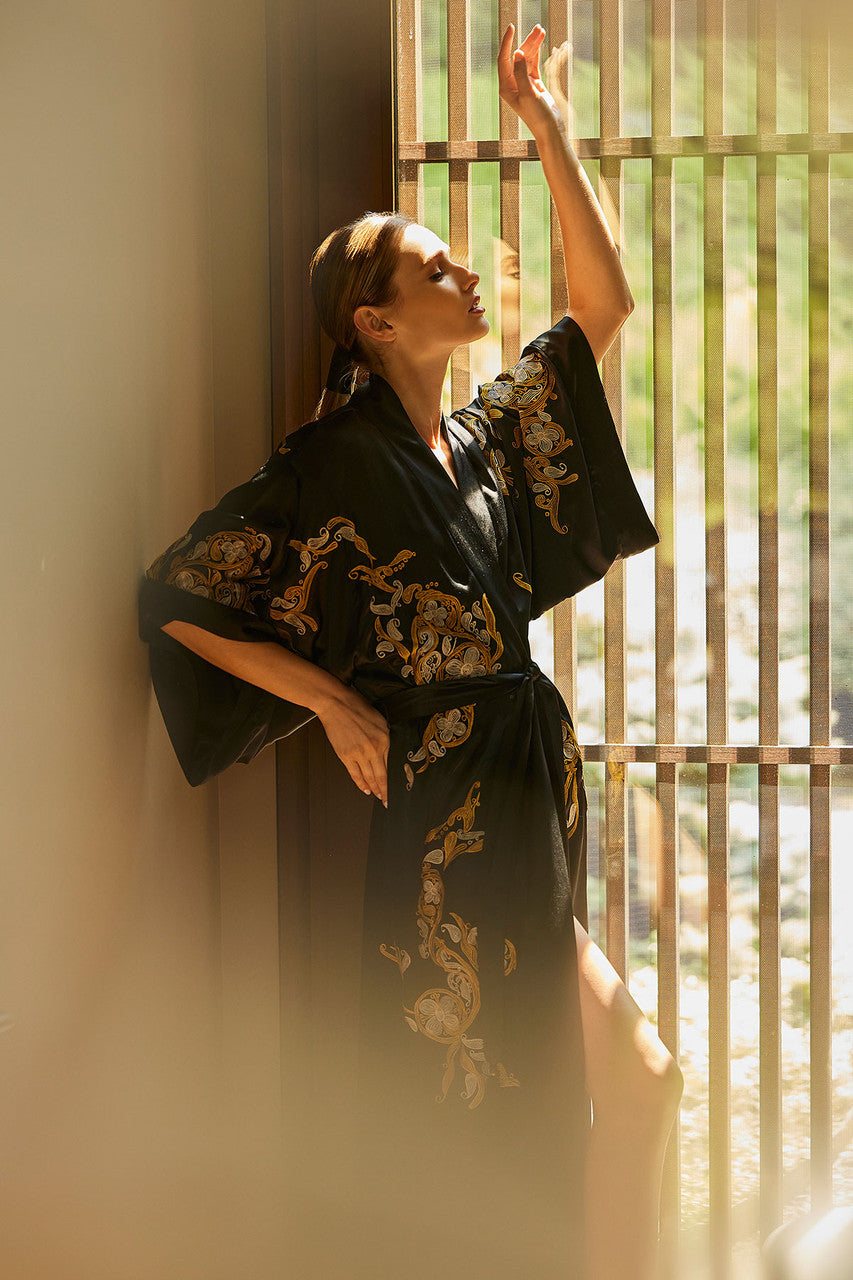 Buy Couture Ottoman Embroidered Silk Robe in Black Online Black