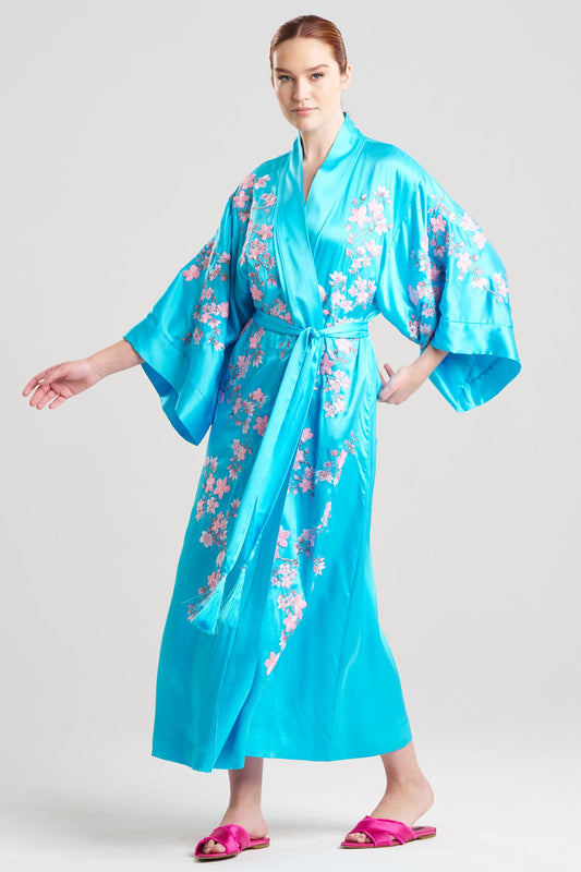 Couture Sakura Embroidered Floral Silk Robe Oasis Blue