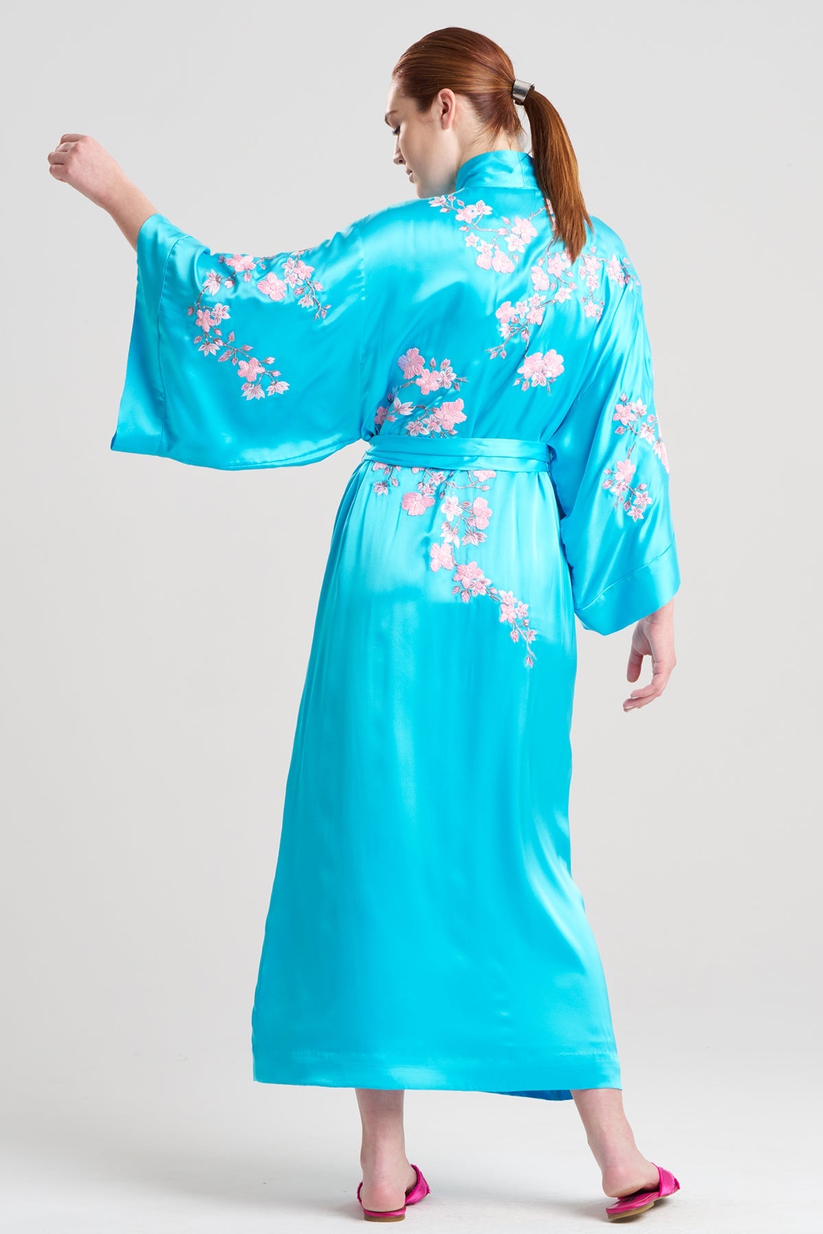 Couture Sakura Embroidered Floral Silk Robe Oasis Blue