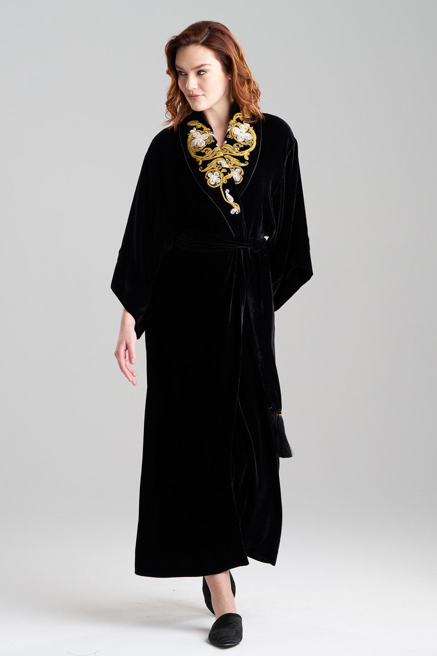 Buy Velvet Embroidered Shawl Collar Robe in Black Online Black