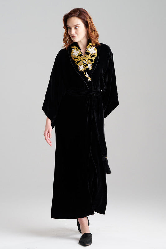 Buy Velvet Embroidered Shawl Collar Robe in Black Online Black