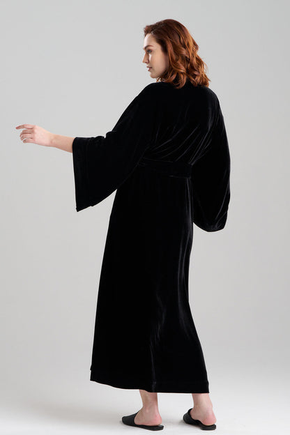Buy Velvet Embroidered Shawl Collar Robe in Black Online Black
