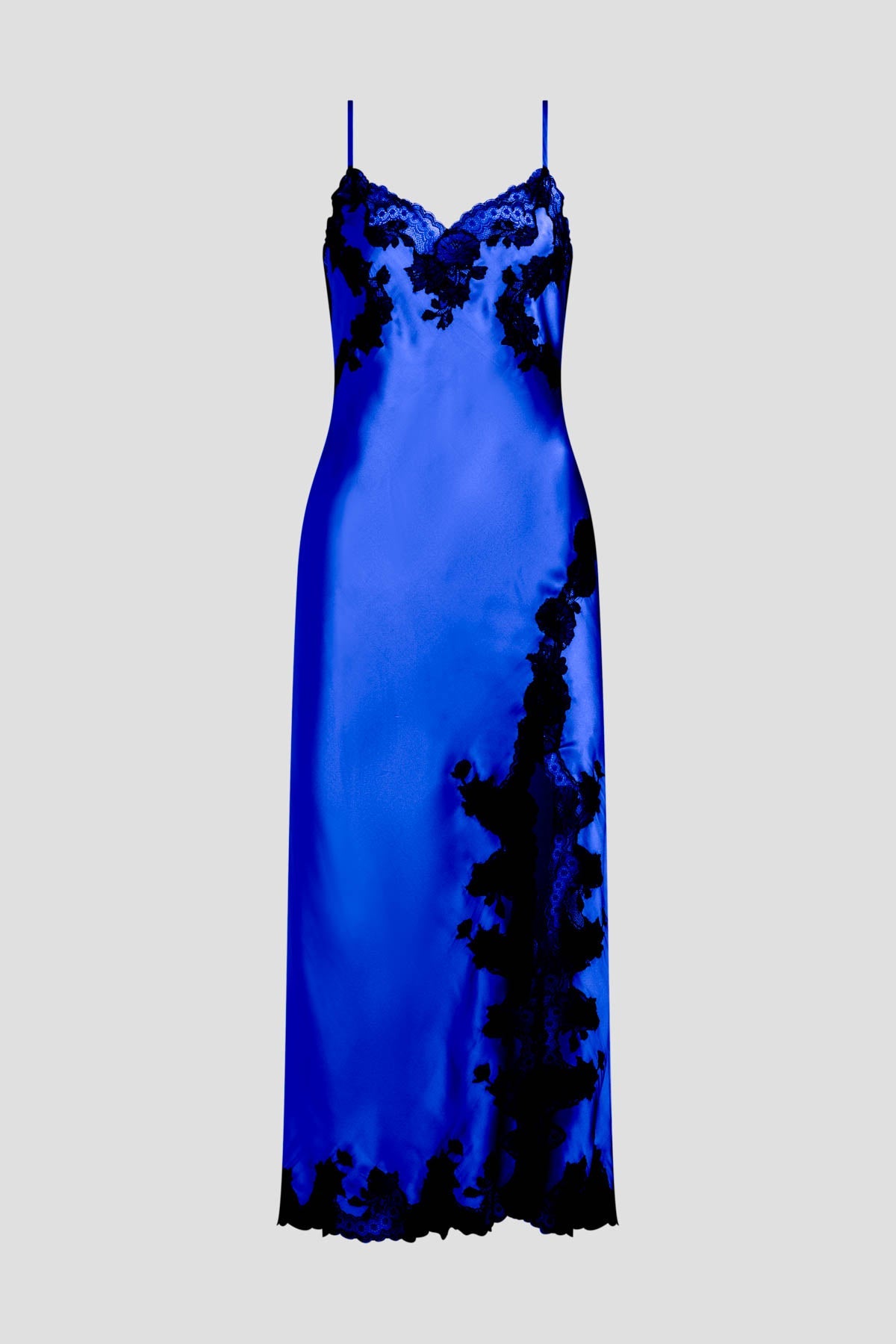 Lolita Lace Slit Silk Slip Dress Blue Velvet/Black
