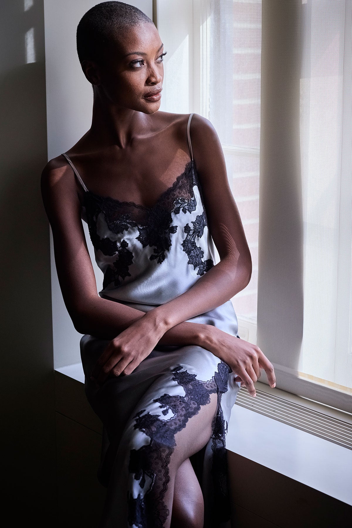 Lolita Lace Slit Silk Slip Dress Silver/Black