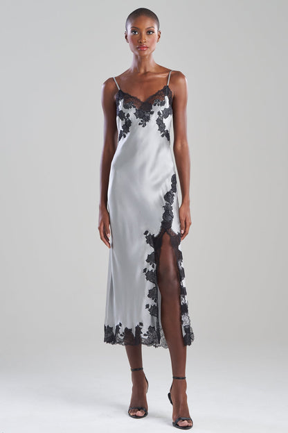 Lolita Lace Slit Silk Slip Dress Silver/Black
