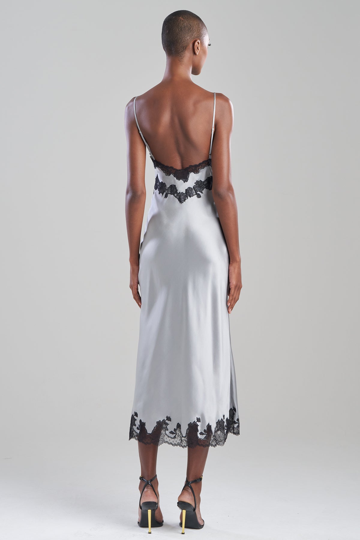 Lolita Lace Slit Silk Slip Dress Silver/Black