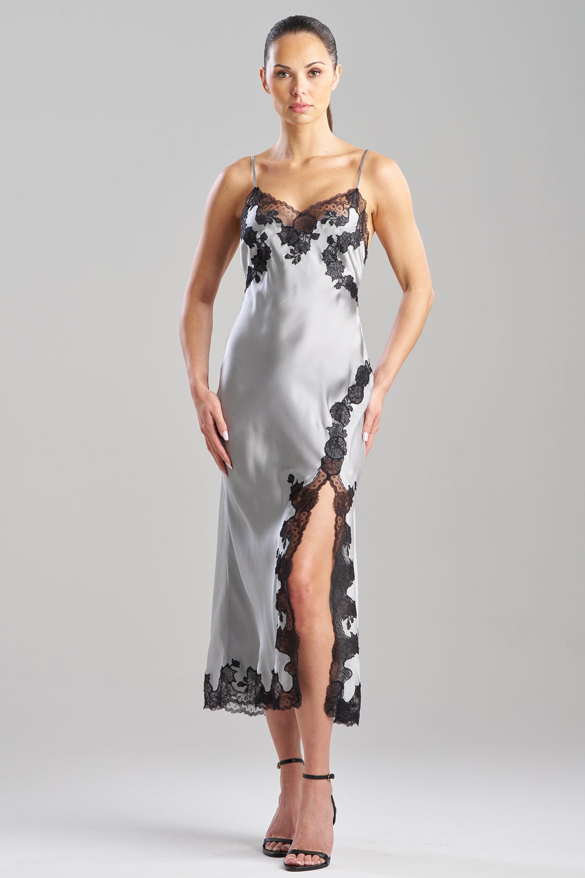 Lolita Lace Slit Silk Slip Dress Silver/Black