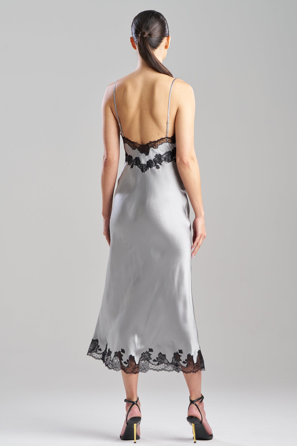 Lolita Lace Slit Silk Slip Dress Silver/Black