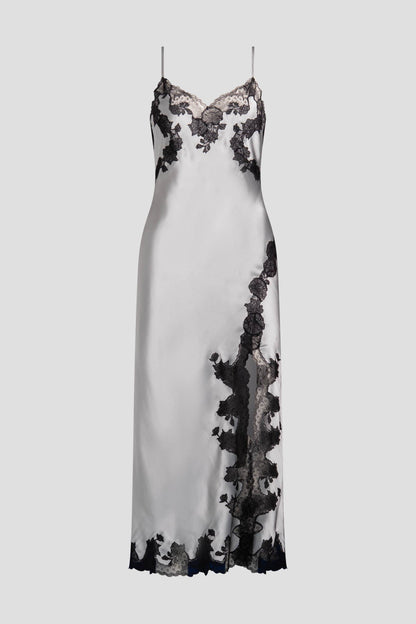Lolita Lace Slit Silk Slip Dress Silver/Black