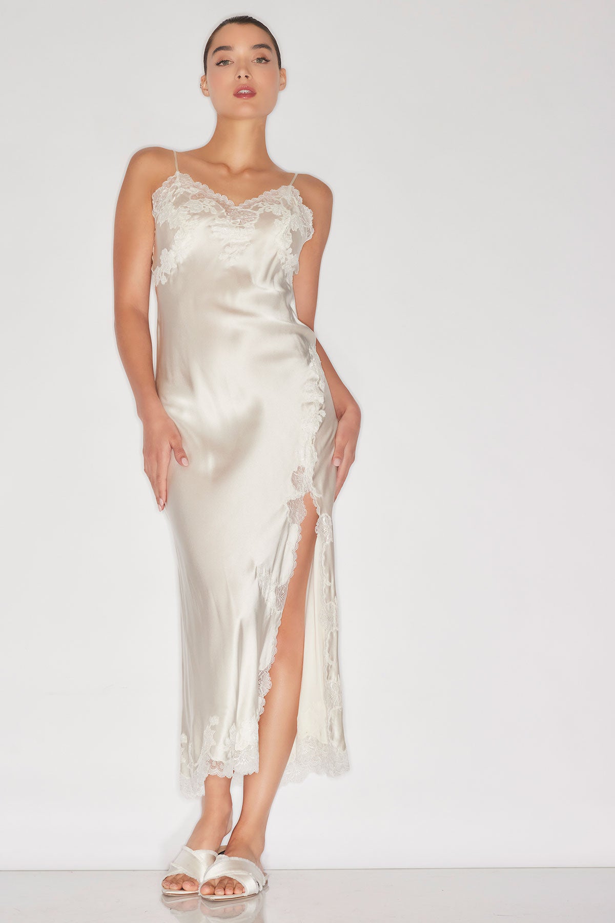 Buy Lolita Lace Slit Gown in Warm White Online Warm White