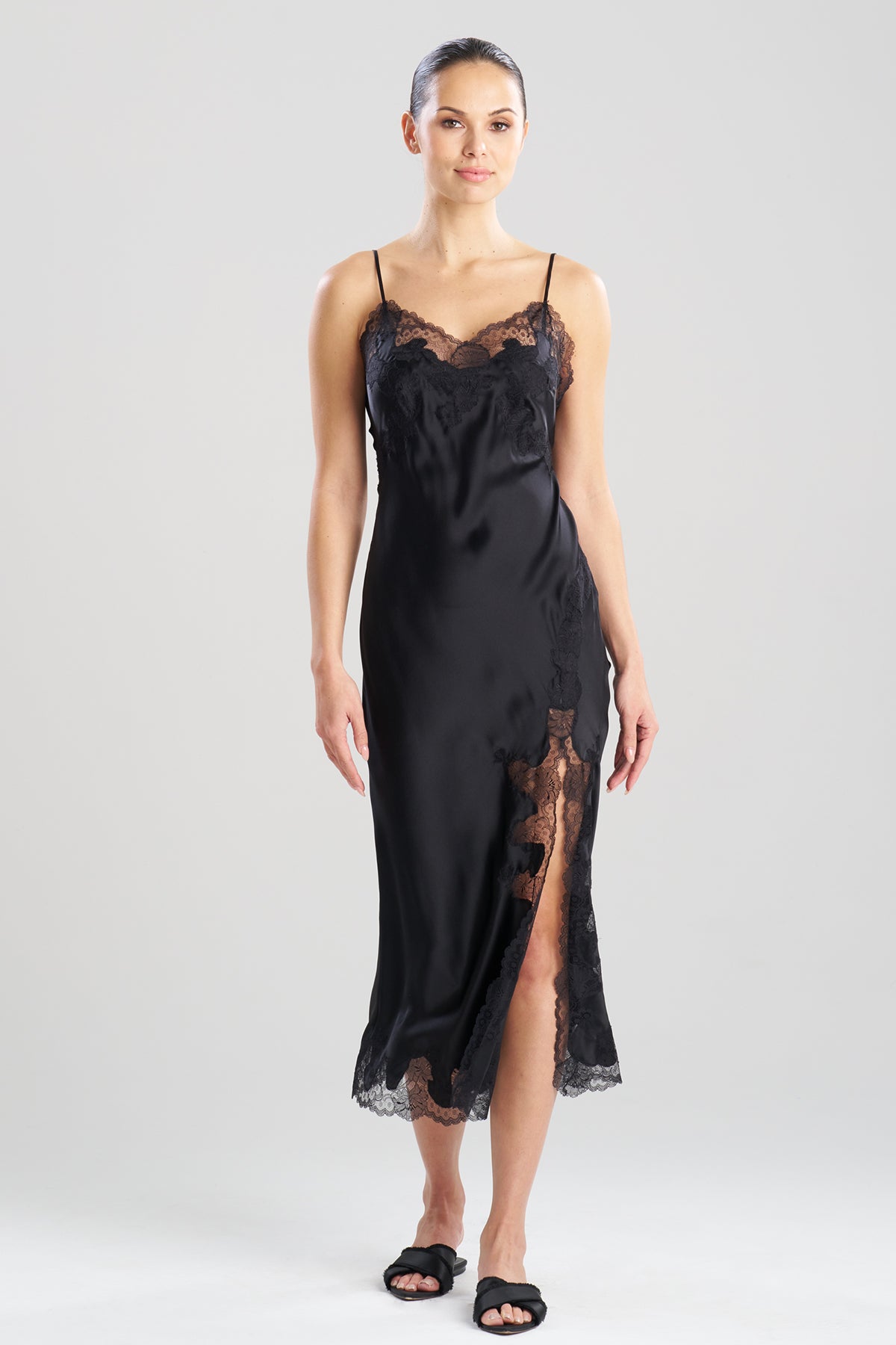 Lolita Lace Slit Silk Slip Dress Black