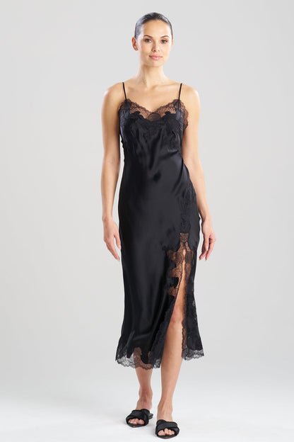 Lolita Lace Slit Silk Slip Dress Black