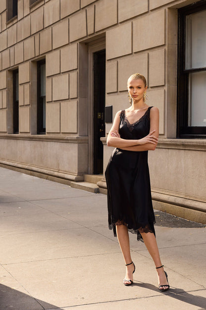 Lolita Asymmetrical Silk Slip Dress Black