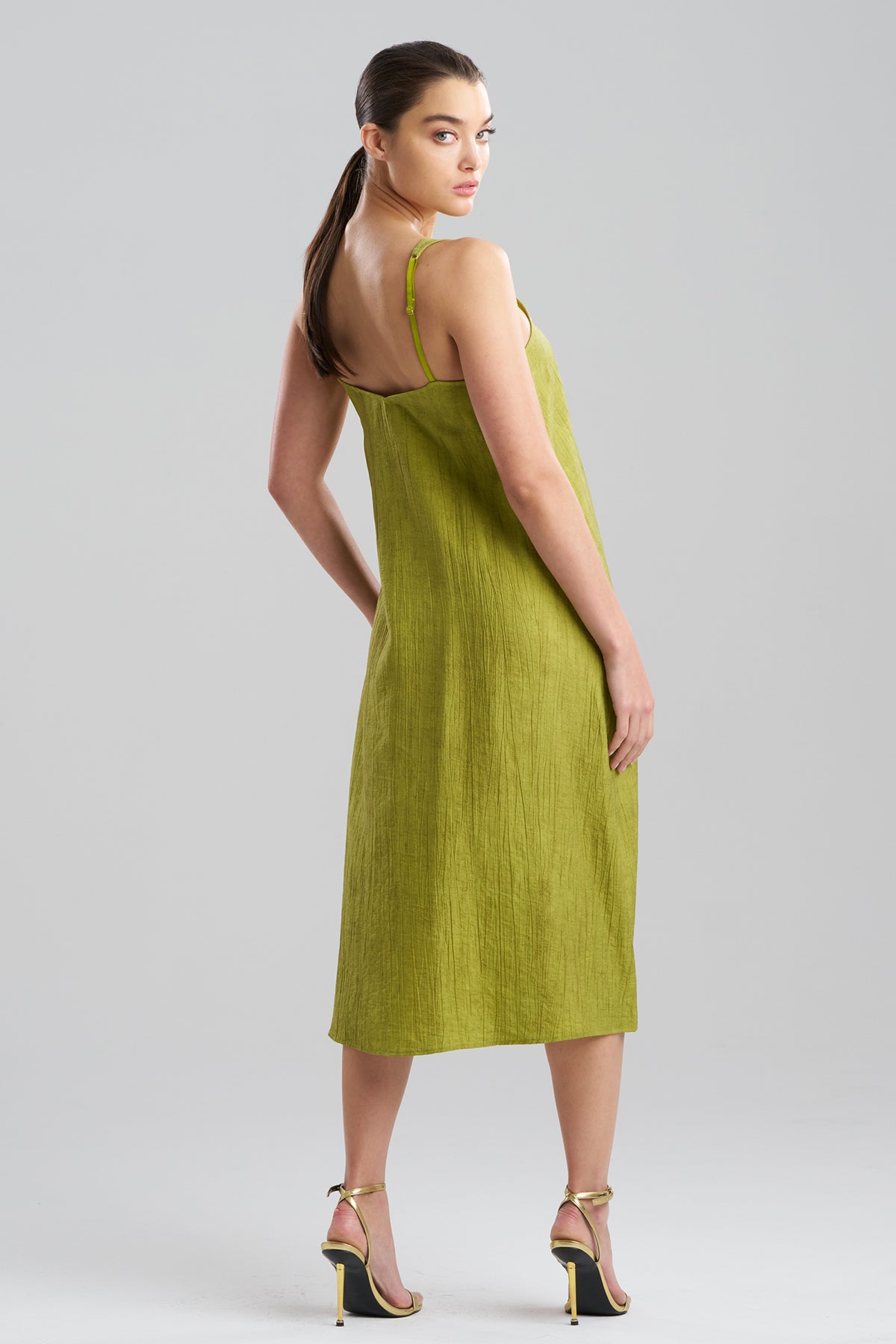 Terra Foil Crinkle Scoop Neck Slip Dress Olive