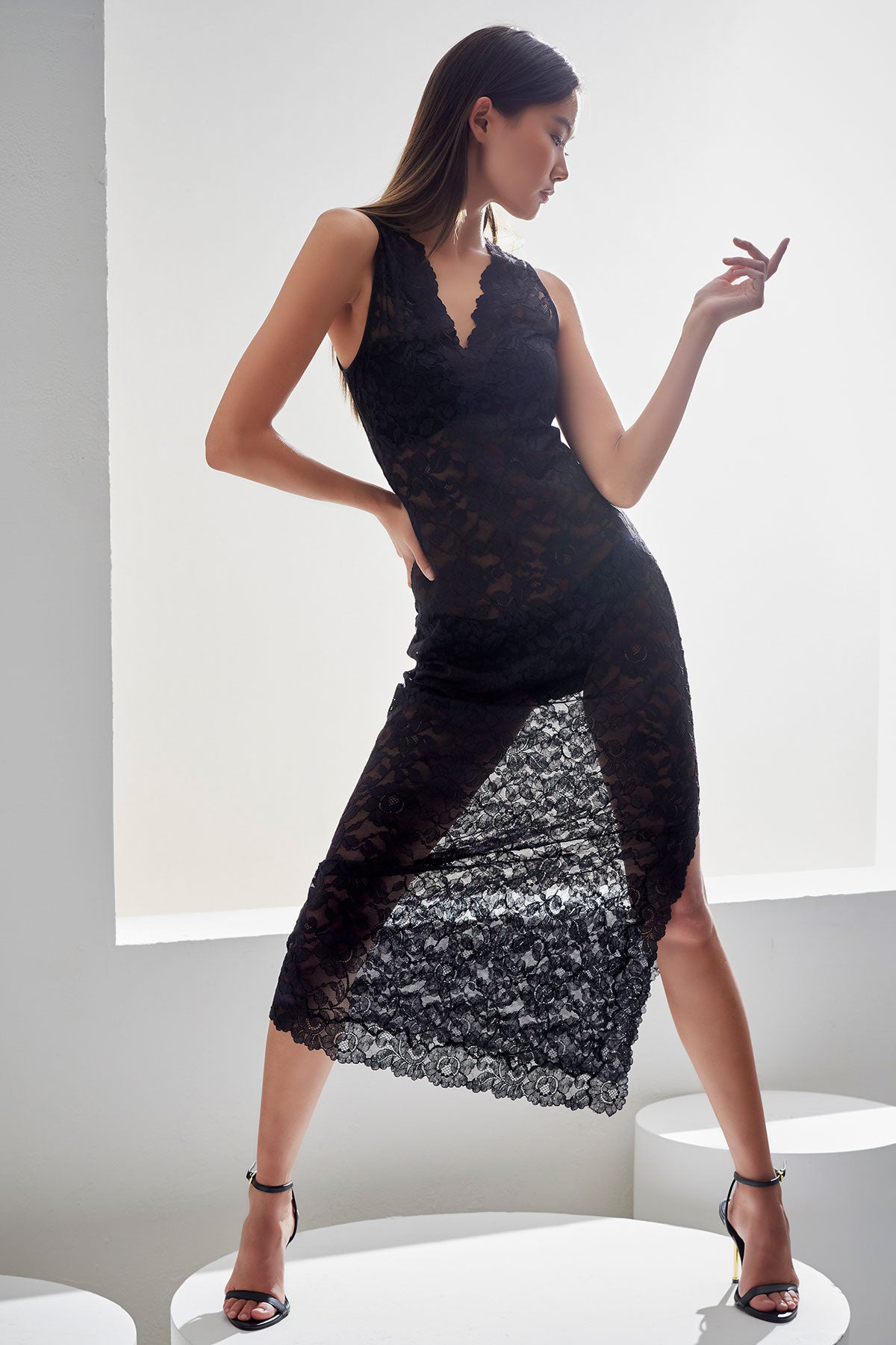 Peony Allover Lace V-Neck Slip Dress Black