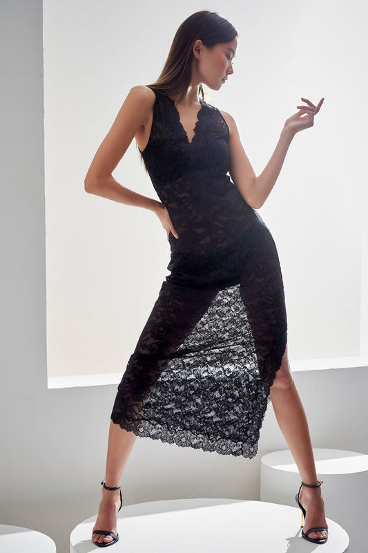 Peony Allover Lace V-Neck Slip Dress Black