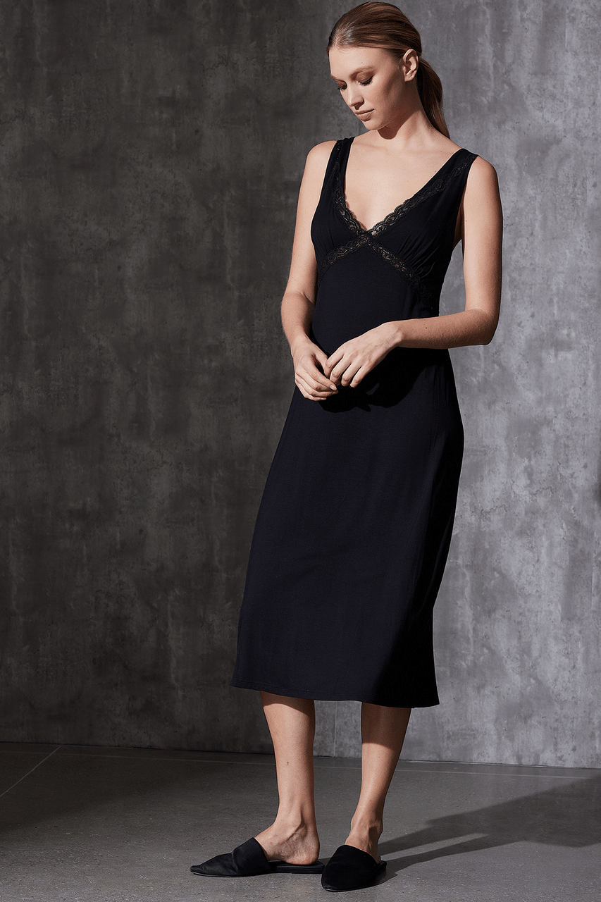 Buy Feathers Essentials Lenzing™ Ecovero™ Viscose Lace Applique Slip Dress in Black Online Black