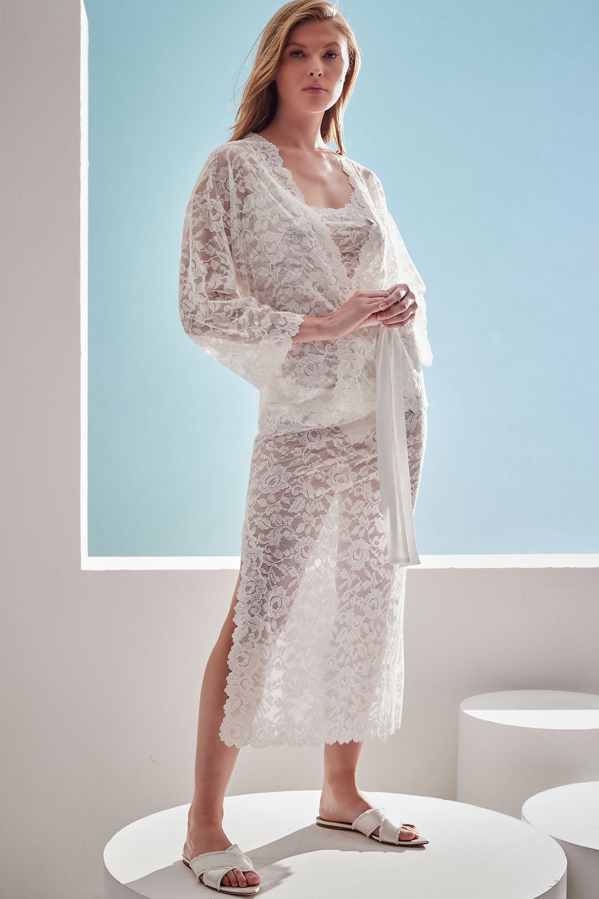 Peony Allover Lace Slip Dress Warm White