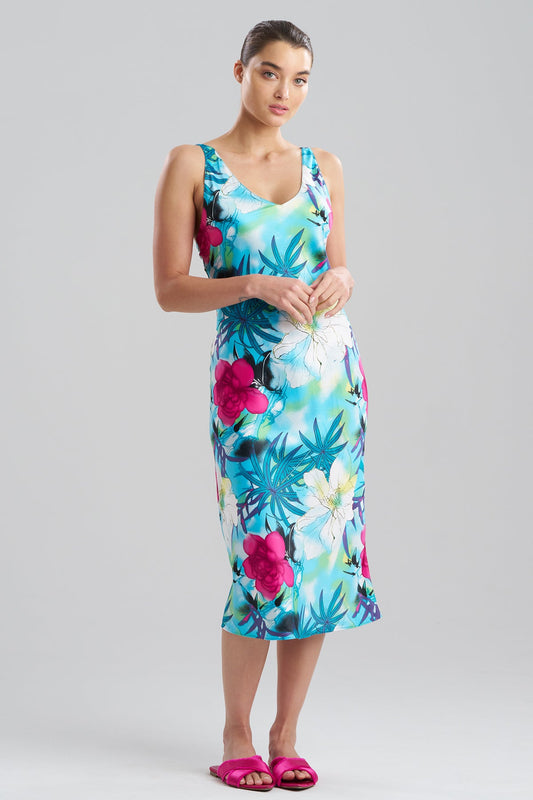 Viva Printed Satin Slip Dress Teal