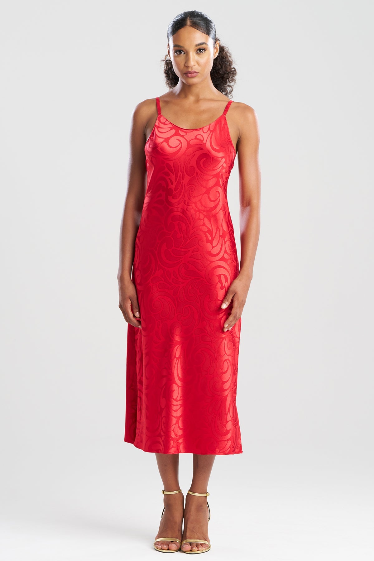 Scroll Satin Jacquard Scoop Neck Slip Dress Brocade Red