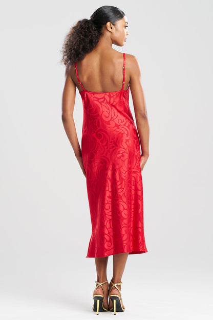 Scroll Satin Jacquard Scoop Neck Slip Dress Brocade Red
