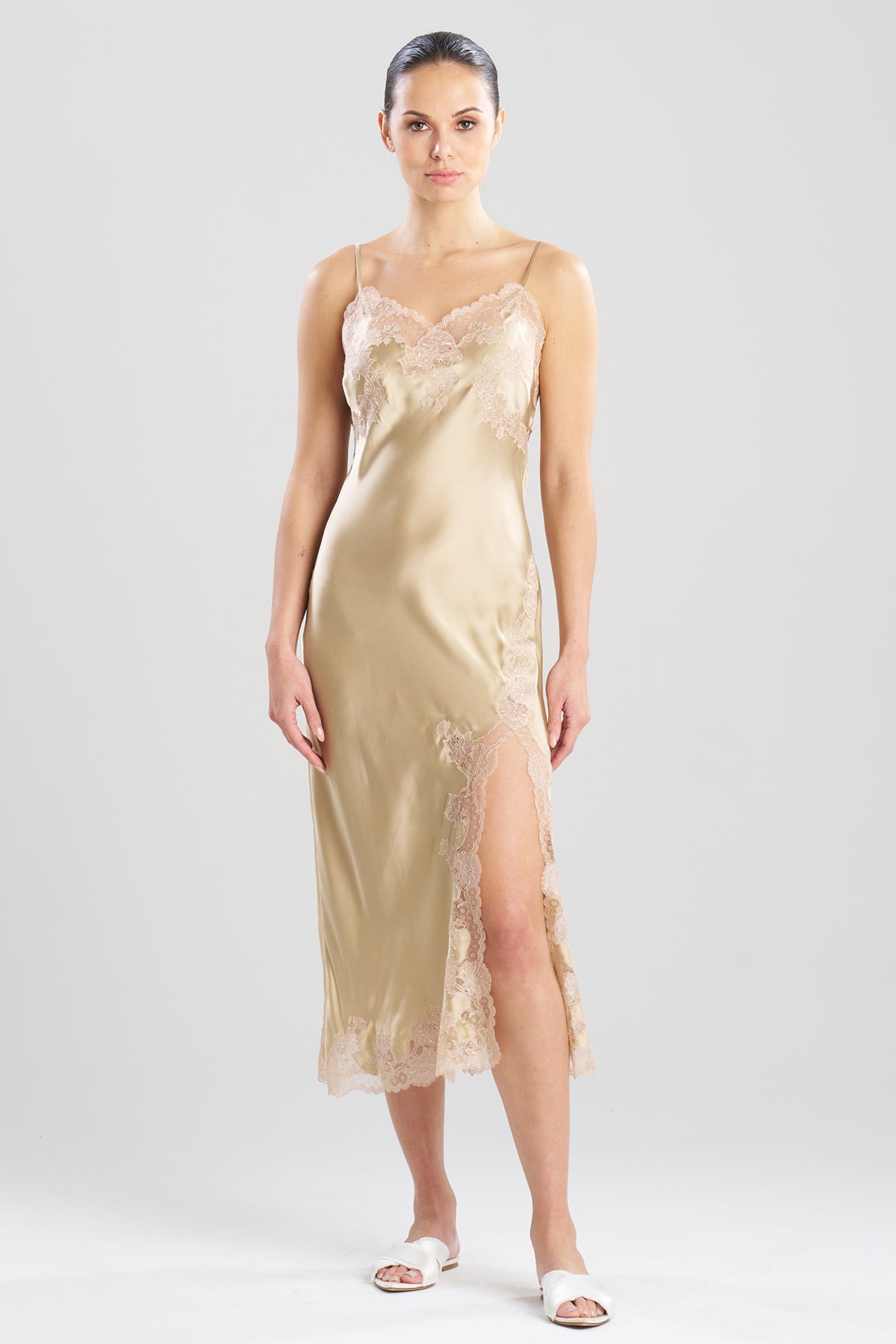 Lolita Lace Slit Silk Slip Dress Frappe/Nude