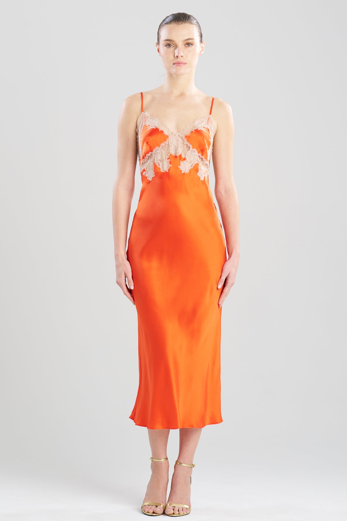 Lolita Lace Low Back Silk Slip Dress Blood Orange/Nude