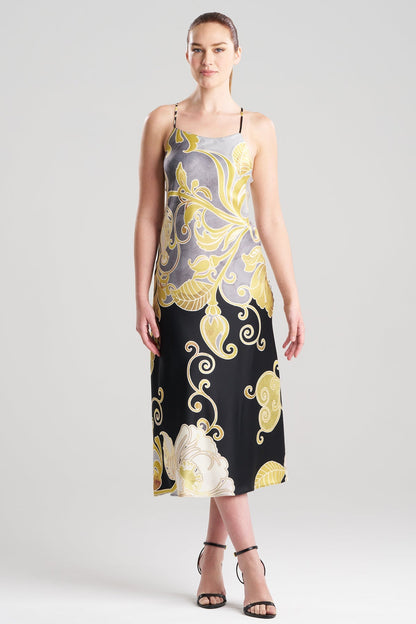 Deco Printed Charmeuse Slip Dress Black/Gold