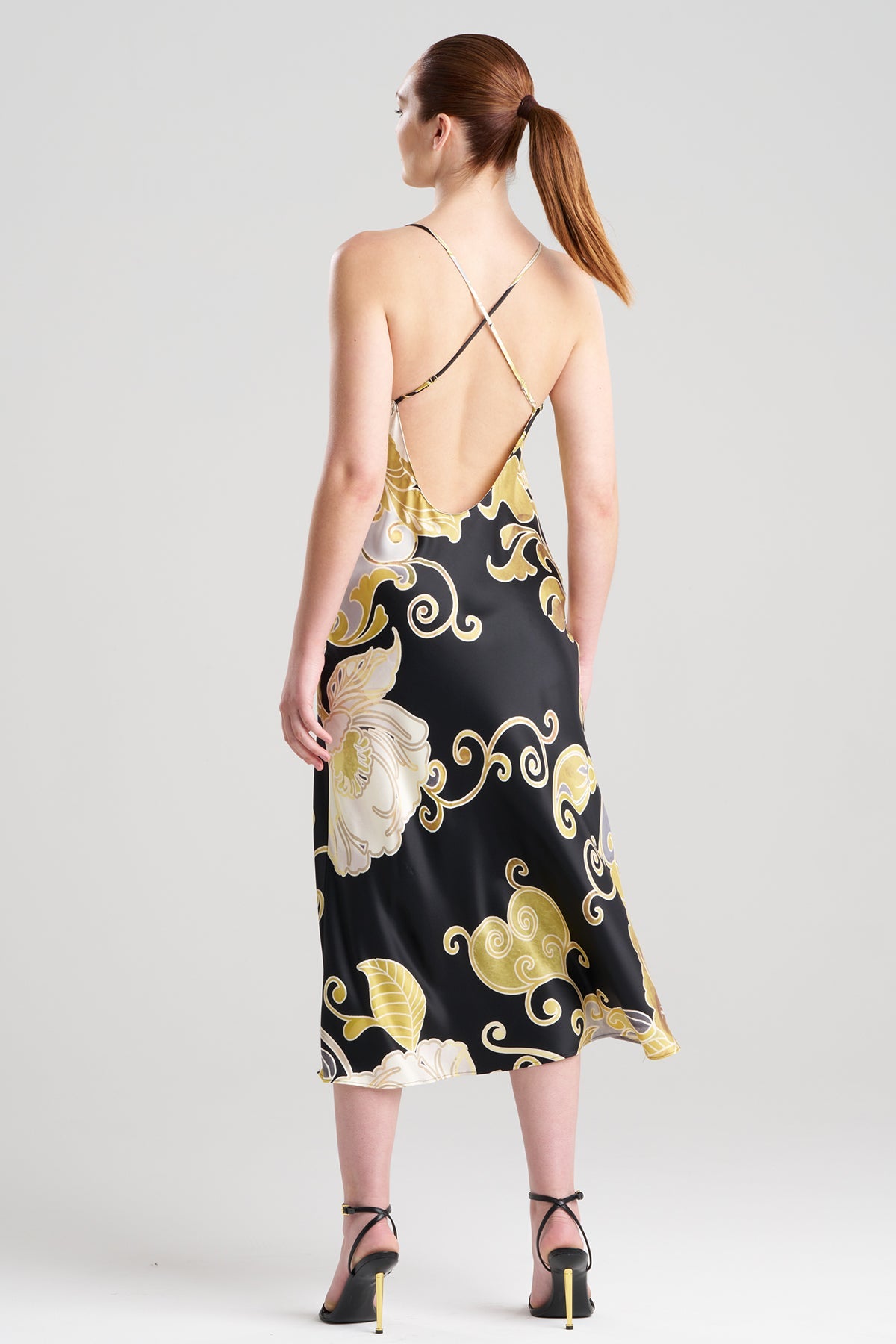Deco Printed Charmeuse Slip Dress Black/Gold