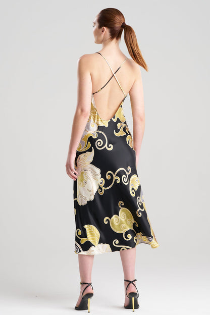 Deco Printed Charmeuse Slip Dress Black/Gold