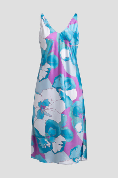 Floria Printed Satin Slip Dress Blue