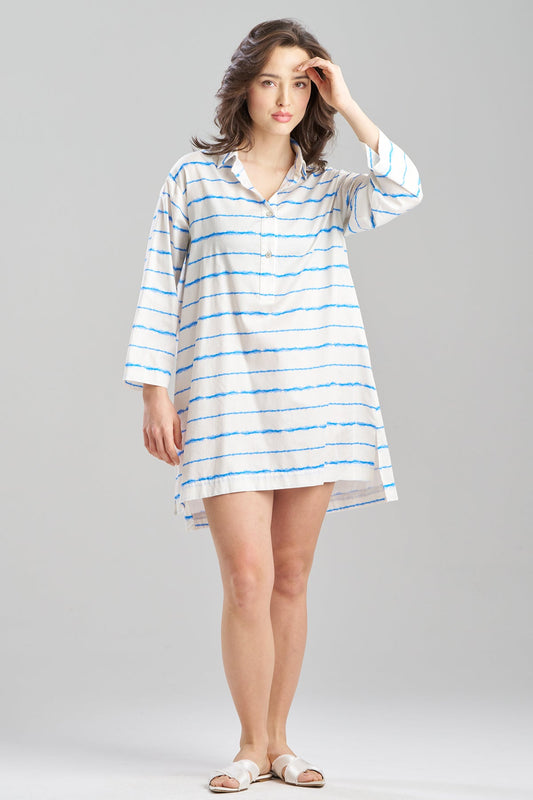 Shibori Cotton Sateen Sleepshirt White Blue Combo