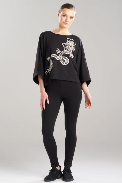 Cocoon Brushed French Terry Dragon Embroidered Kimono Top Black