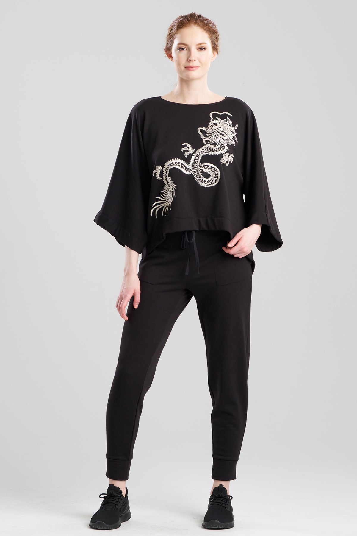 Cocoon Brushed French Terry Dragon Embroidered Kimono Top Black