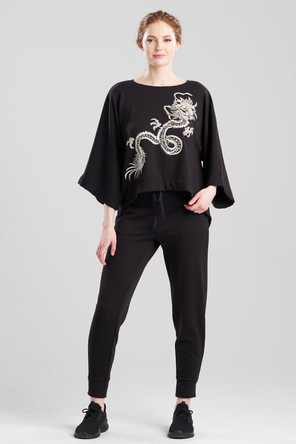 Cocoon Brushed French Terry Dragon Embroidered Kimono Top Black