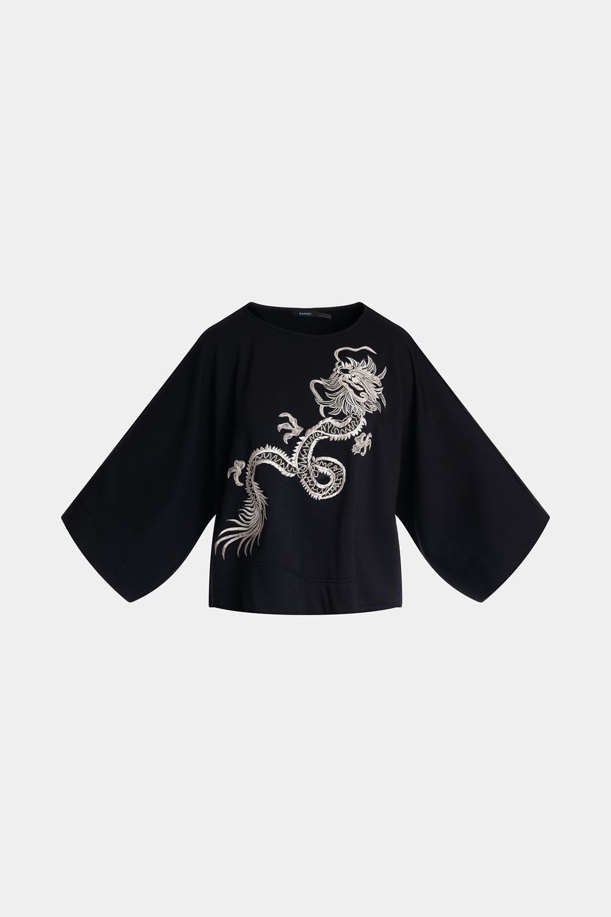 Cocoon Brushed French Terry Dragon Embroidered Kimono Top Black